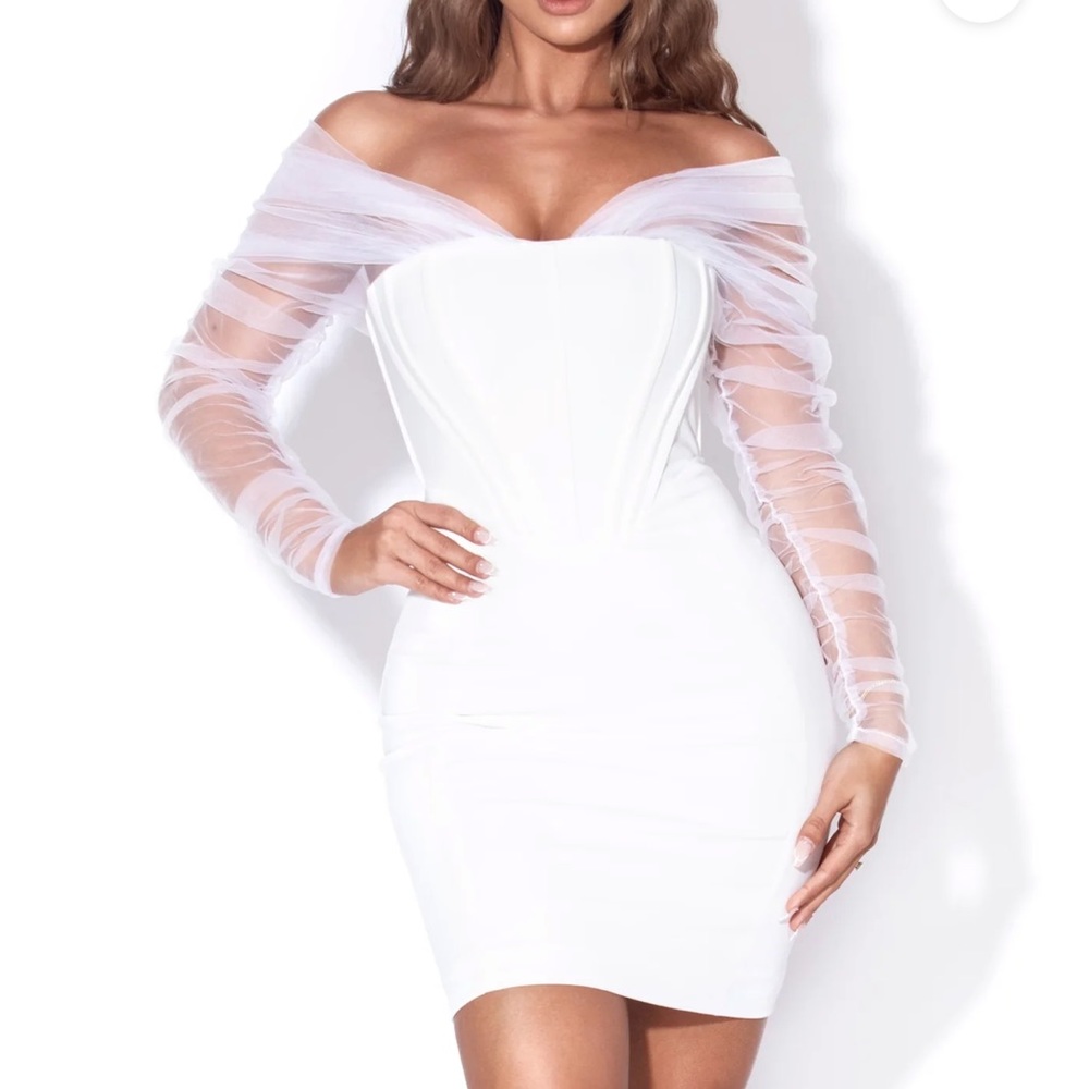 Zofia White Off Shoulder Mesh Sleeve Corset Dress bridal dress